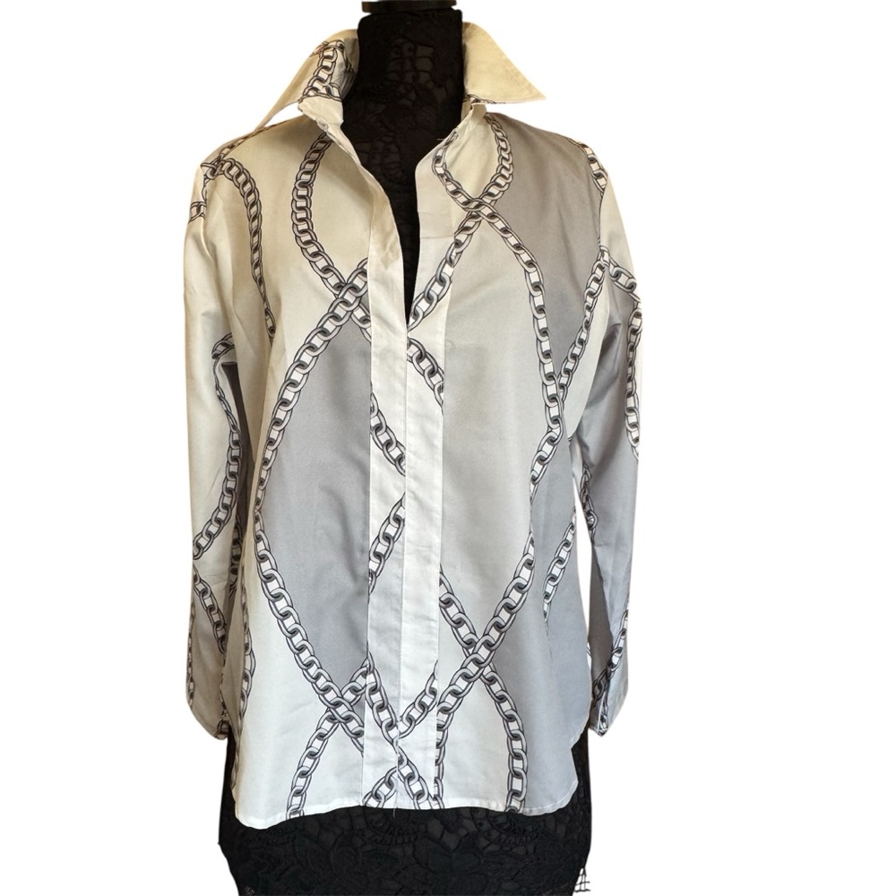 Vintage Black White Gray Cotton Collared Tailored Preppy Chain Print Blouse XL